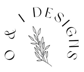Logo with 'O & I Designs' text and a leaf illustration on a white background